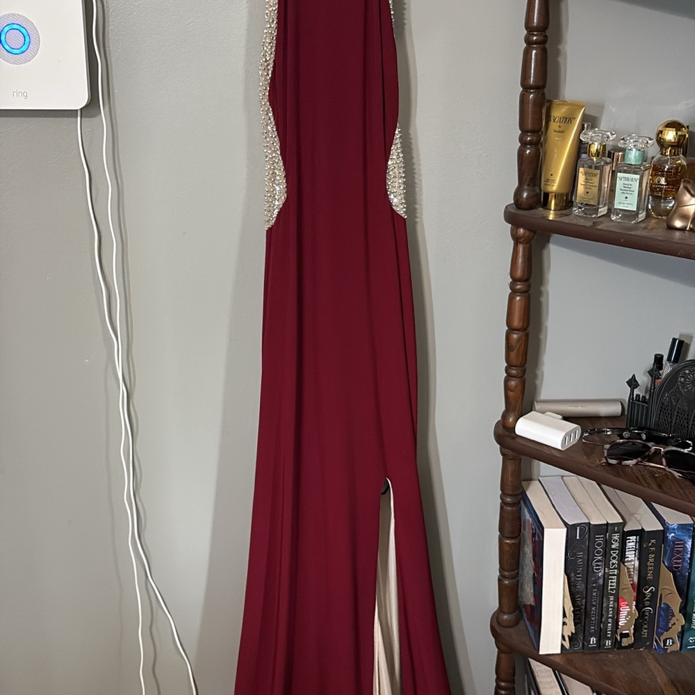 Elegant Burgundy Gown with Pearl Accents